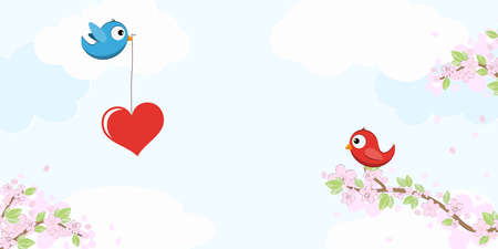 eps vector file with red and blue colored birds in love, flying and sitting on branches with blossoms and green leaves in spring time, holding big heart in beak, background with sky and light cloudsのイラスト素材