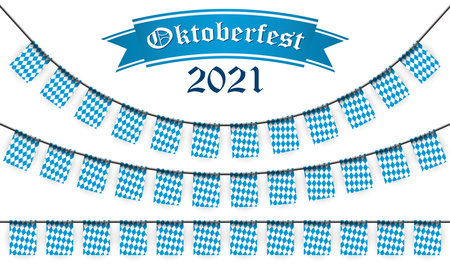 Oktoberfest 2021 garlands having blue-white checkered pattern and text Oktoberfestのイラスト素材