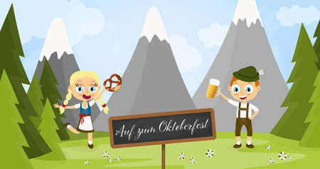 illustration with man and woman holding a beer and pretzel, wearing typical Oktoberfest costume and black board with German text "got o Oktoberfest", standing on grass with blue sky, mountains of alps and green firsのイラスト素材