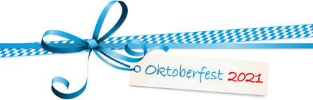 vector illustration of blue colored ribbon bow with hang tag and text Oktoberfest 2021 isolated on white background for German Oktoberfest timeのイラスト素材