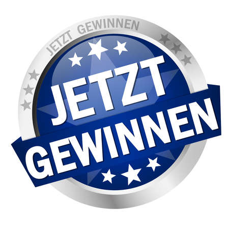 vector with round colored button with banner and text win now (in german)のイラスト素材