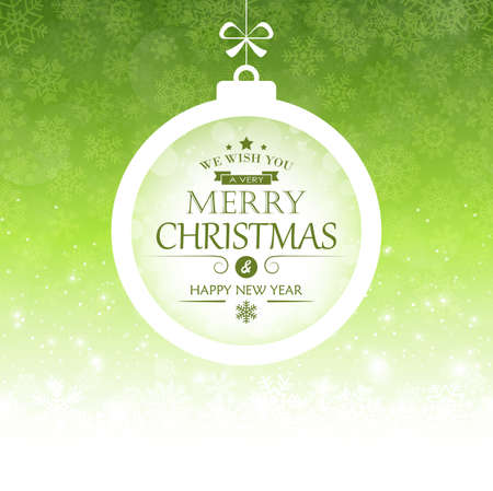 vector file with hanging bauble with nice greetings for christmas and winter time concepts, light fall of snow and background colored greenのイラスト素材