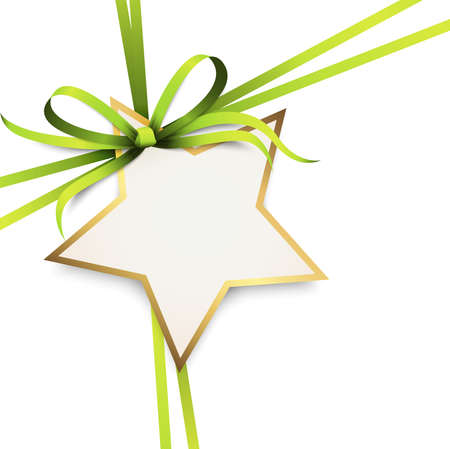 vector illustration of green colored ribbon bow and gift band with shape of a golden star pendant for christmas greetings isolated on white backgroundのイラスト素材