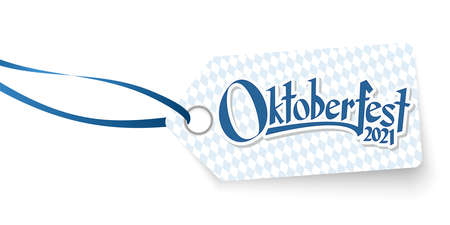 hang tag with blue white checkered pattern and text welcome to Oktoberfest 2021 (in german)のイラスト素材