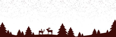 vector file showing a christmas panorama header with fall of snow and silhouette of forest trees, background colored whiteのイラスト素材