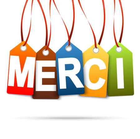 vector illustration of colored hang tags isolated on white background with greetings text "thanks" (text french)のイラスト素材