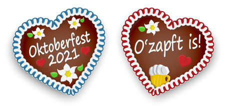 illustrated gingerbread heart with text It is tapped (in german) for Oktoberfest 2021 2022 timeのイラスト素材