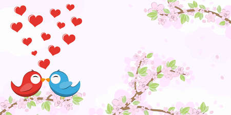 vector file with red and blue colored birds in love, sitting on an string, branches with blossoms and green leaves in spring time, flying hearts, background with sky and light cloudsのイラスト素材
