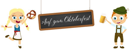 illustration with man and woman holding a beer and pretzel, wearing typical Oktoberfest costume and black board with German text "got o Oktoberfest", isolated on white backgroundのイラスト素材