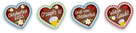 four illustrated gingerbread hearts with text in german for Oktoberfest 2021 2022 timeのイラスト素材