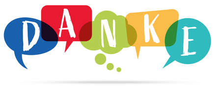 vector illustration of colored speech bubbles isolated on white background with greetings text "thanks" (text german)のイラスト素材