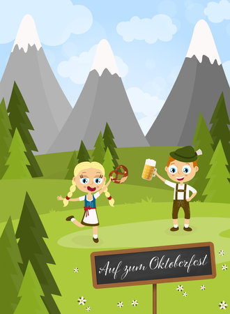 illustration with man and woman holding a beer and pretzel, wearing typical Oktoberfest costume and black board with German text "got o Oktoberfest", standing on grass with blue sky, mountains of alps and green firsのイラスト素材