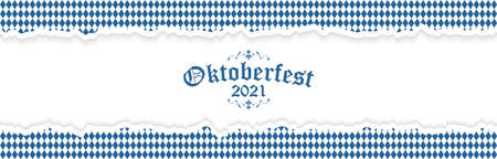 Oktoberfest background with ripped open paper having blue-white checkered pattern and text Oktoberfest 2021のイラスト素材