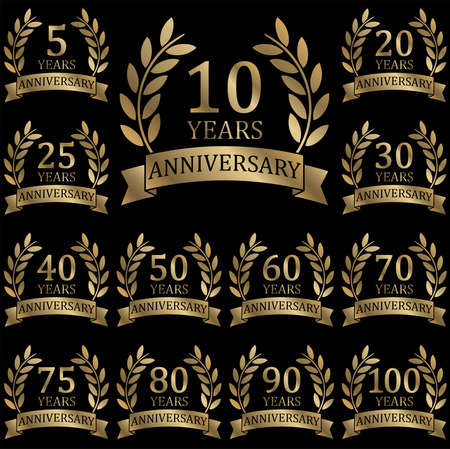 eps vector file with golden laurel wreath collection on black background for success or firm jubilee with text 5 to 100 yearsのイラスト素材