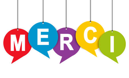 EPS 10 vector illustration of colored speech bubble hang tags isolated on white background with greetings text "thanks" (text french)のイラスト素材