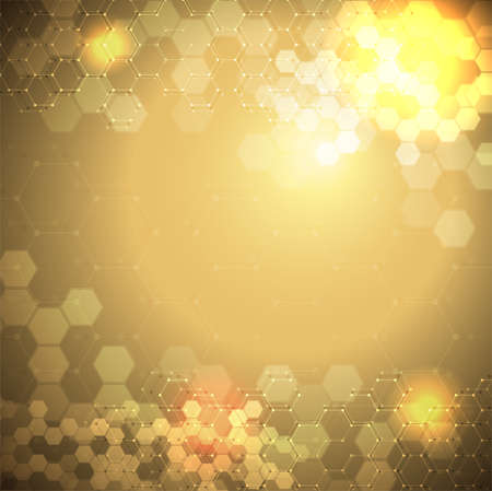 EPS 10 vector abstract science and futuristic hexagonal technology concept background. Digital image with golden light effects and blurs over darker backgroundのイラスト素材