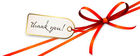 EPS 10 vector illustration of red colored ribbon bow and gift band isolated on white background with hang tag and greetings "thanks"のイラスト素材