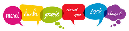 EPS 10 vector illustration of colored speech bubbles row isolated on white background with greetings text "thanks" in different languagesのイラスト素材