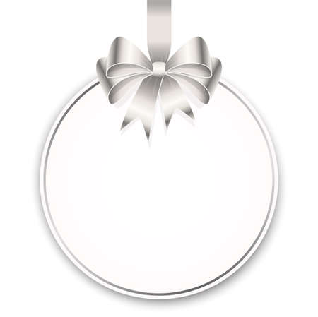 eps vector illustration of round cardboard hang tag with shadow and free space for greetings and beautiful styled ribbon bow colored silverのイラスト素材