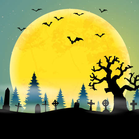eps vector cemetery in front of woodlands with full moon with scary illustrated elements for Halloween background layoutsのイラスト素材