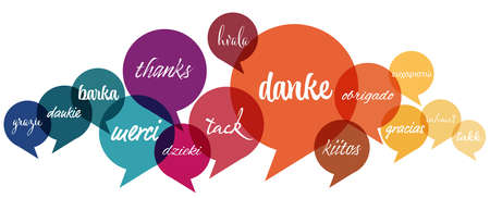 EPS 10 vector illustration of colored speech bubbles cloud isolated on white background with greetings text "thanks" in different languagesのイラスト素材