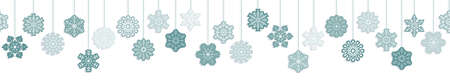 seamless vector panorama banner with different hanging snow stars colored blue for christmas and winter time conceptsのイラスト素材