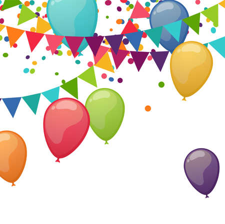 EPS 10 vector illustration of colored happy garlands, confetti and balloons on white background for carnival party or sylvester template usageのイラスト素材