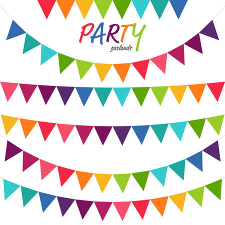 EPS 10 vector illustration of colored happy garlands on white background for carnival party or sylvester template usageのイラスト素材