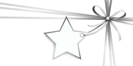 EPS 10 vector illustration of silver colored ribbon bow and gift band with shape of a star pendant for christmas greetings isolated on white backgroundのイラスト素材