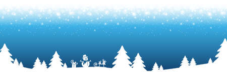 eps vector file showing a christmas panorama header with fall of snow and silhouette of forest trees, background colored blueのイラスト素材