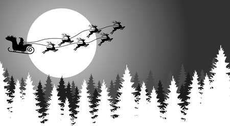 eps vector file showing a silhouette of Santa Claus with sled and reindeer over a forest with full moon, background colored grayのイラスト素材