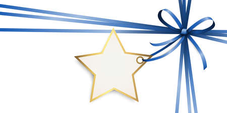 EPS 10 vector illustration of blue colored ribbon bow and gift band with shape of a golden star pendant for christmas greetings isolated on white backgroundのイラスト素材