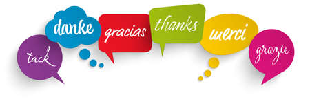 EPS 10 vector illustration of colored speech bubbles row isolated on white background with greetings text "thanks" in different languagesのイラスト素材