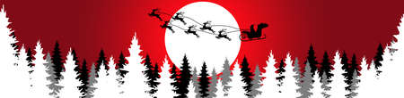 eps vector file showing a silhouette of Santa Claus with sled and reindeer over a forest with full moon, background colored redのイラスト素材