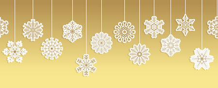 seamless vector panorama banner with different hanging snow stars colored gold for christmas and winter time conceptsのイラスト素材