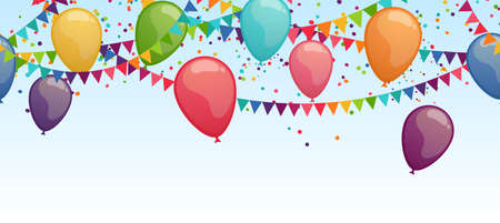 EPS 10 vector illustration of seamless colored happy garlands and balloons on white background for carnival party or sylvester template usageのイラスト素材