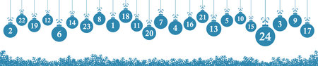 hanging christmas gifts colored blue with numbers 1 to 24 showing advent calendar for xmas and winter time concepts panorama styleのイラスト素材