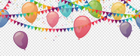 EPS 10 illustration of seamless colored happy garlands and balloons on white background for carnival party or sylvester template usage with transparency in vector fileのイラスト素材