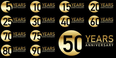 golden anniversary seal on black background for success or firm jubilee with text 5 to 90 yearsのイラスト素材