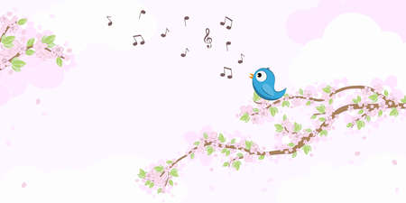 eps vector file with blue colored bird in love, sitting on branches with blossoms and green leaves in spring time, singing with musical notes, background with sky and light cloudsのイラスト素材