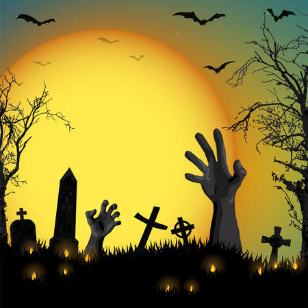 undead hands in front of full moon with scary illustrated elements for Halloween background layoutsのイラスト素材