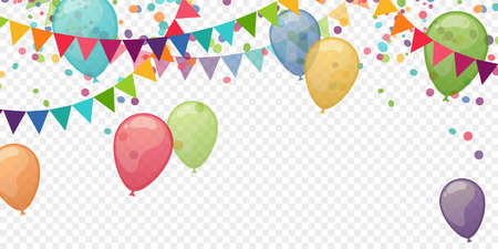EPS 10 illustration of colored happy garlands, confetti and balloons on white background for carnival party or sylvester template usage with transparency in vector fileのイラスト素材