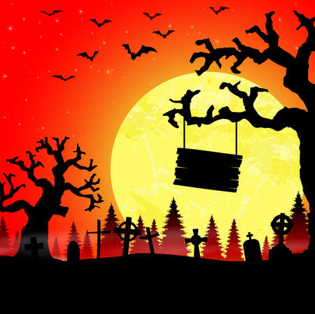 eps vector cemetery in front of woodlands and full moon with wooden hanging sign and space for text and other elements for Halloween background layoutsのイラスト素材