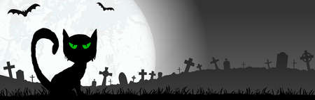 spooky cat in front of a full moon with grave stones and other scary illustrated elements for Halloween background layoutsのイラスト素材