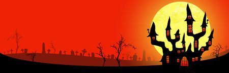 EPS vector file showing spooky dark castle in front of a full moon with grave stones and other scary illustrated elements for Halloween background layoutsのイラスト素材
