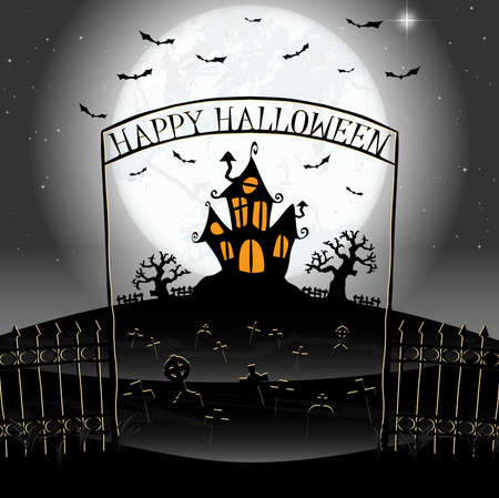 dark castle and cemetery in front of full moon with fence and archway with "Happy Halloween" letters and other scary illustrated elements for Halloween background layoutsのイラスト素材