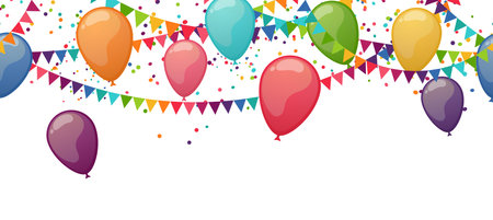 EPS 10 vector illustration of seamless colored happy garlands and balloons on white background for carnival party or sylvester template usageのイラスト素材