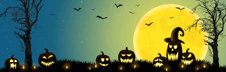 spooky halloween dead tree with some scary pumpkins in front of an full moon with batsのイラスト素材