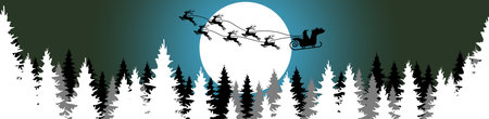 eps vector file showing a silhouette of Santa Claus with sled and reindeer over a forest with full moon, background colored blueのイラスト素材