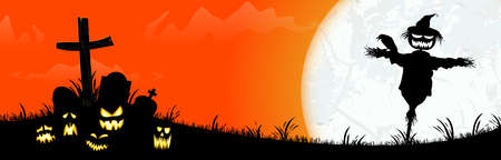 eps vector file with dark scarecrow in front of full yellow moon with scary illustrated elements for Halloween background layoutsのイラスト素材